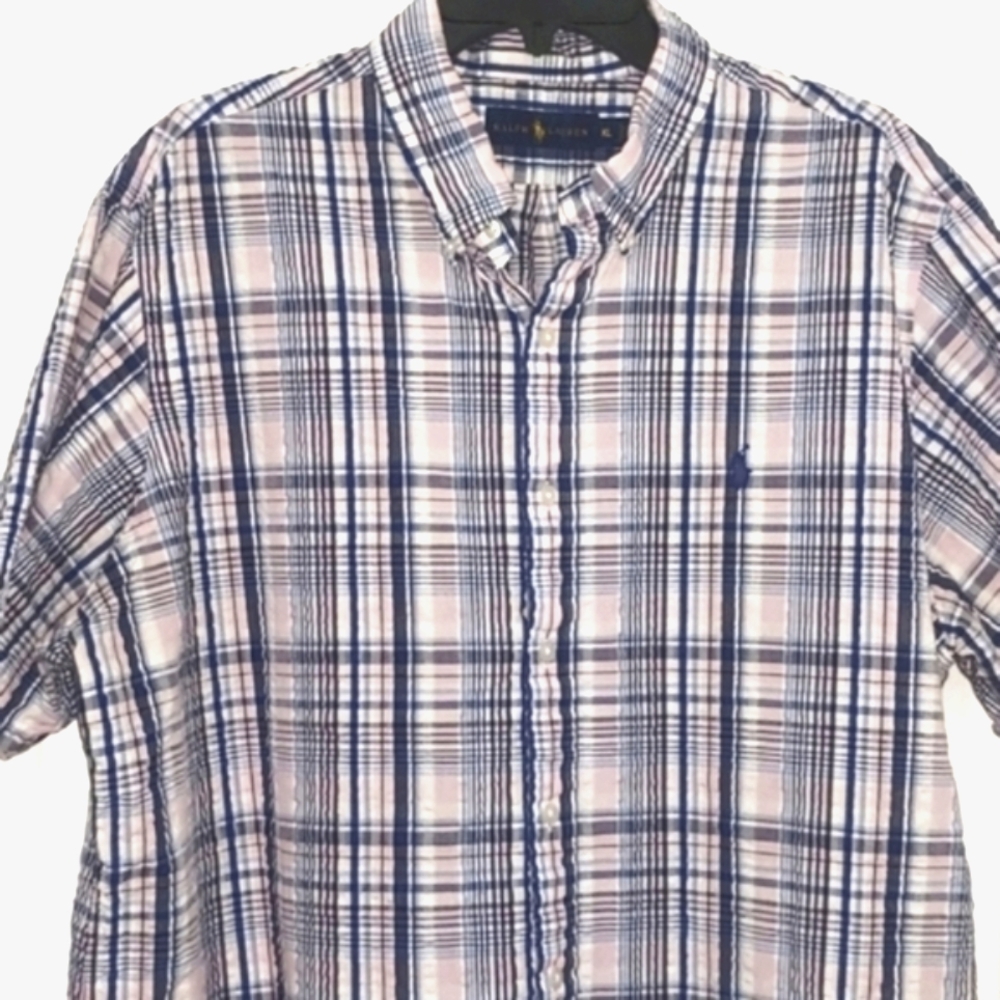 Ralph Lauren Seersucker Pastel Plaid Short Sleeve Shirt. Size XL. Pink/Blue